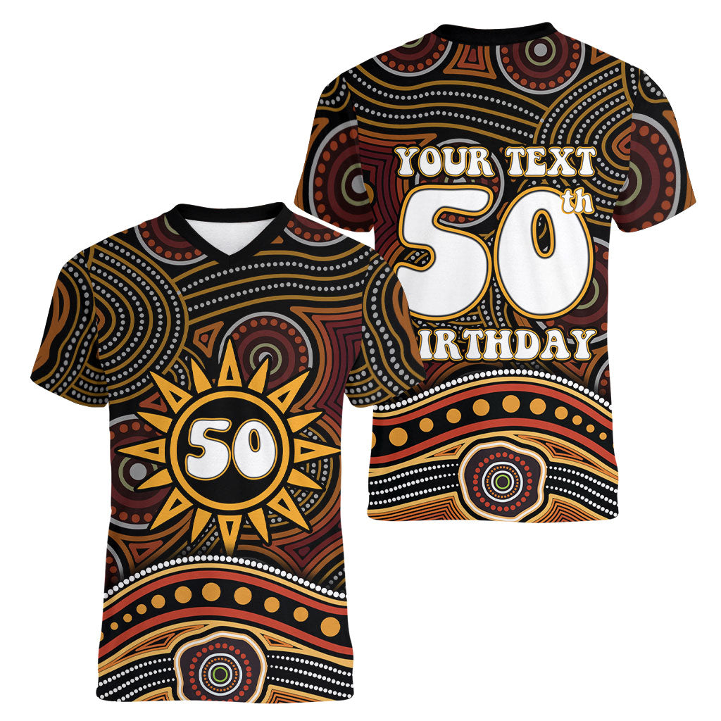 Personalised Aboriginal 50th Birthday Women V-Neck T-Shirt Indigenous Dot Painting Native Australian Celebration