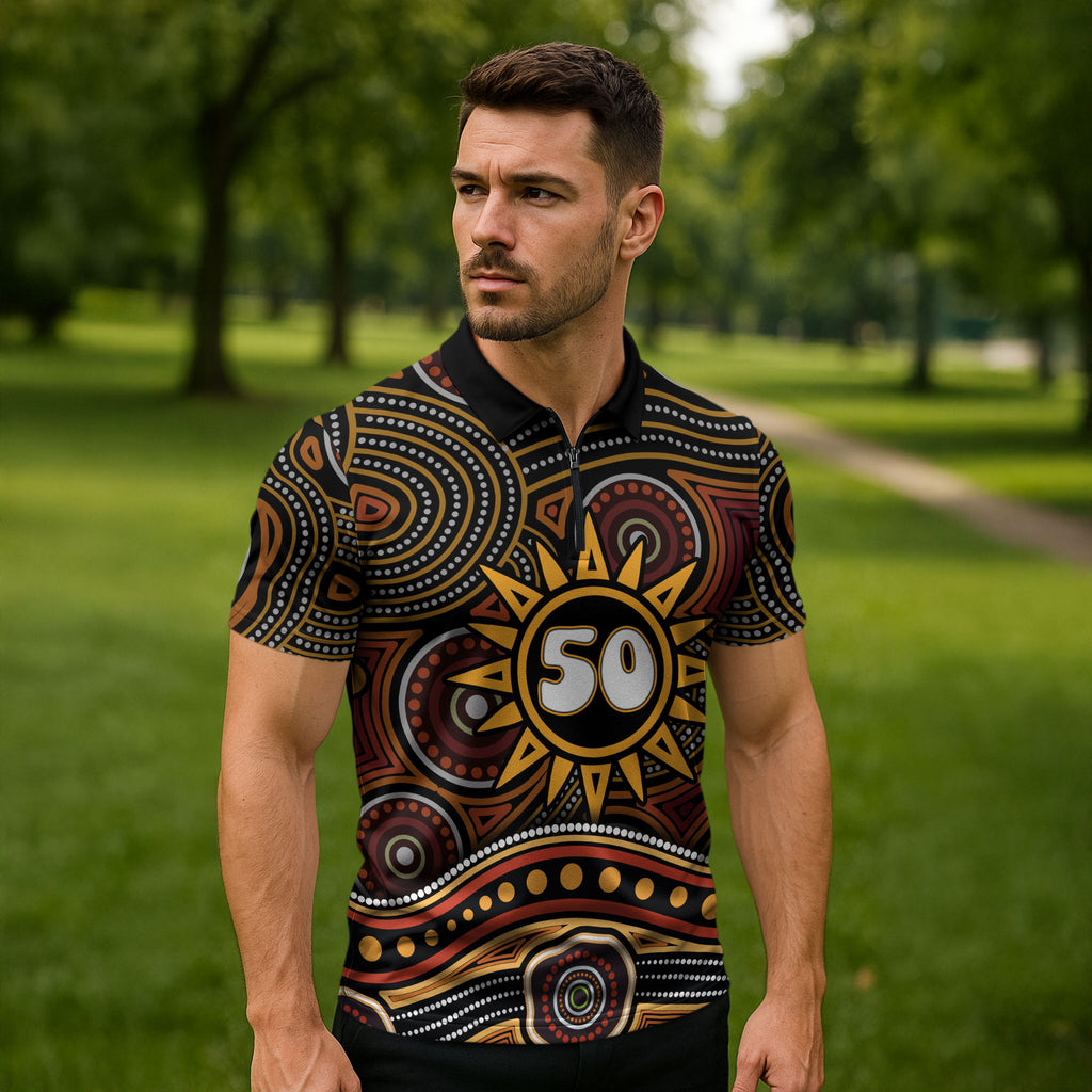 Personalised Aboriginal 50th Birthday Zipper Polo Shirt Indigenous Dot Painting Native Australian Celebration