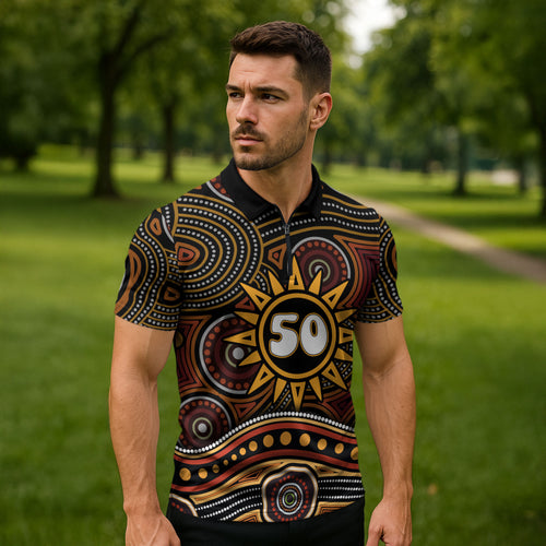 Personalised Aboriginal 50th Birthday Zipper Polo Shirt Indigenous Dot Painting Native Australian Celebration