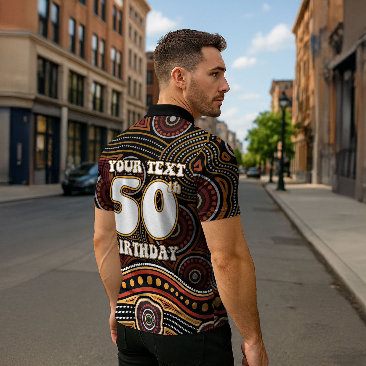 Personalised Aboriginal 50th Birthday Zipper Polo Shirt Indigenous Dot Painting Native Australian Celebration