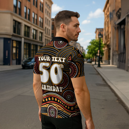 Personalised Aboriginal 50th Birthday Zipper Polo Shirt Indigenous Dot Painting Native Australian Celebration