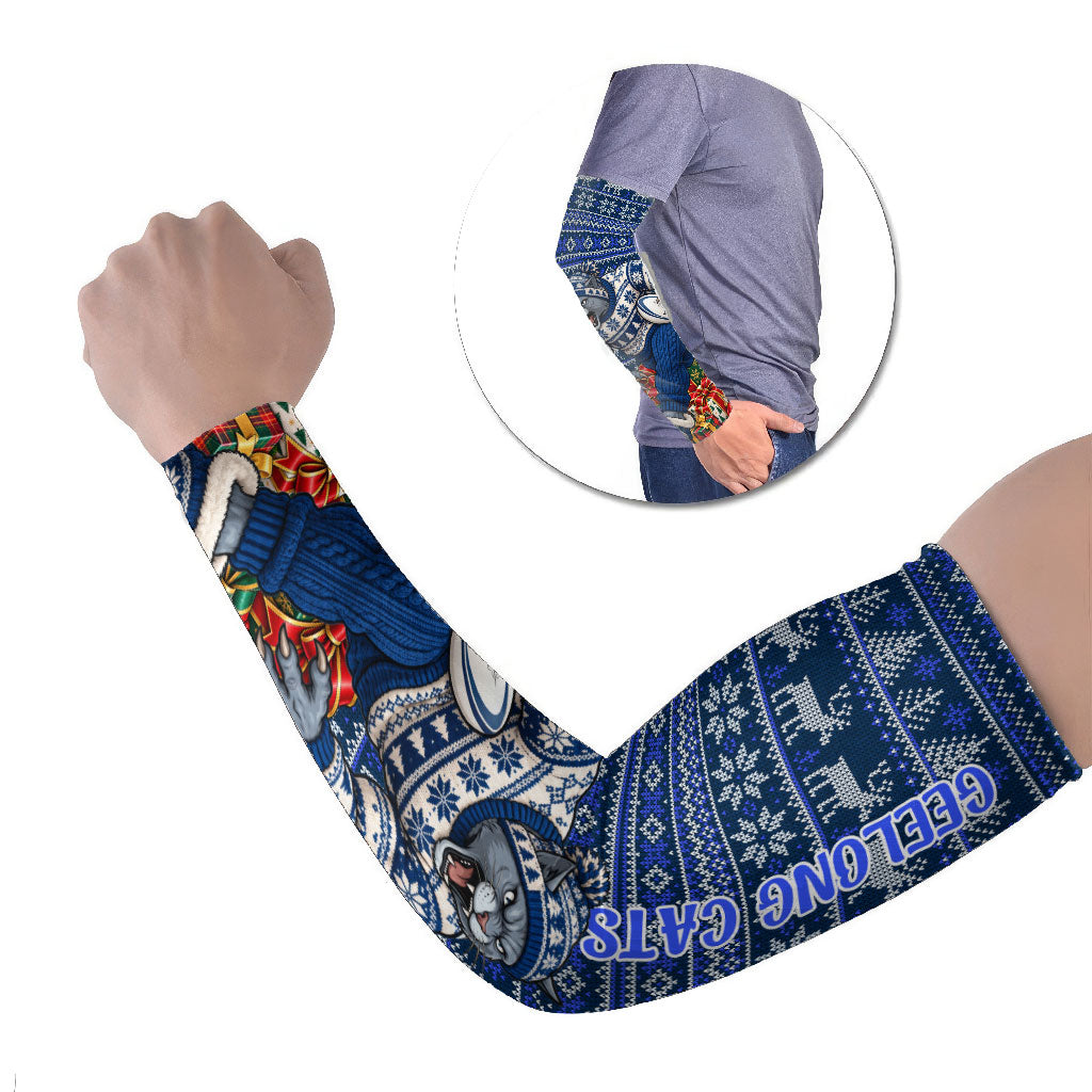 Personalized Geelong Cats Football Christmas Arm Sleeves Australian Football Mascot - Ugly Xmas Pattern Festive