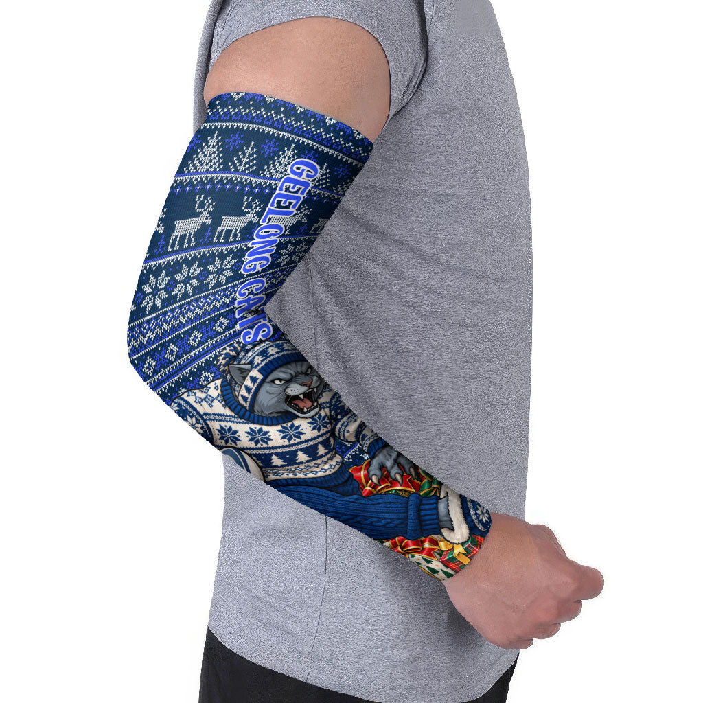 Personalized Geelong Cats Football Christmas Arm Sleeves Australian Football Mascot - Ugly Xmas Pattern Festive