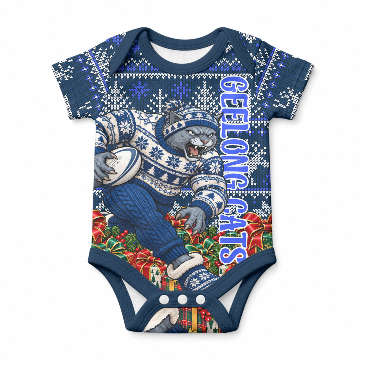 Personalized Geelong Cats Football Christmas Baby Onesie Australian Football Mascot - Ugly Xmas Pattern Festive