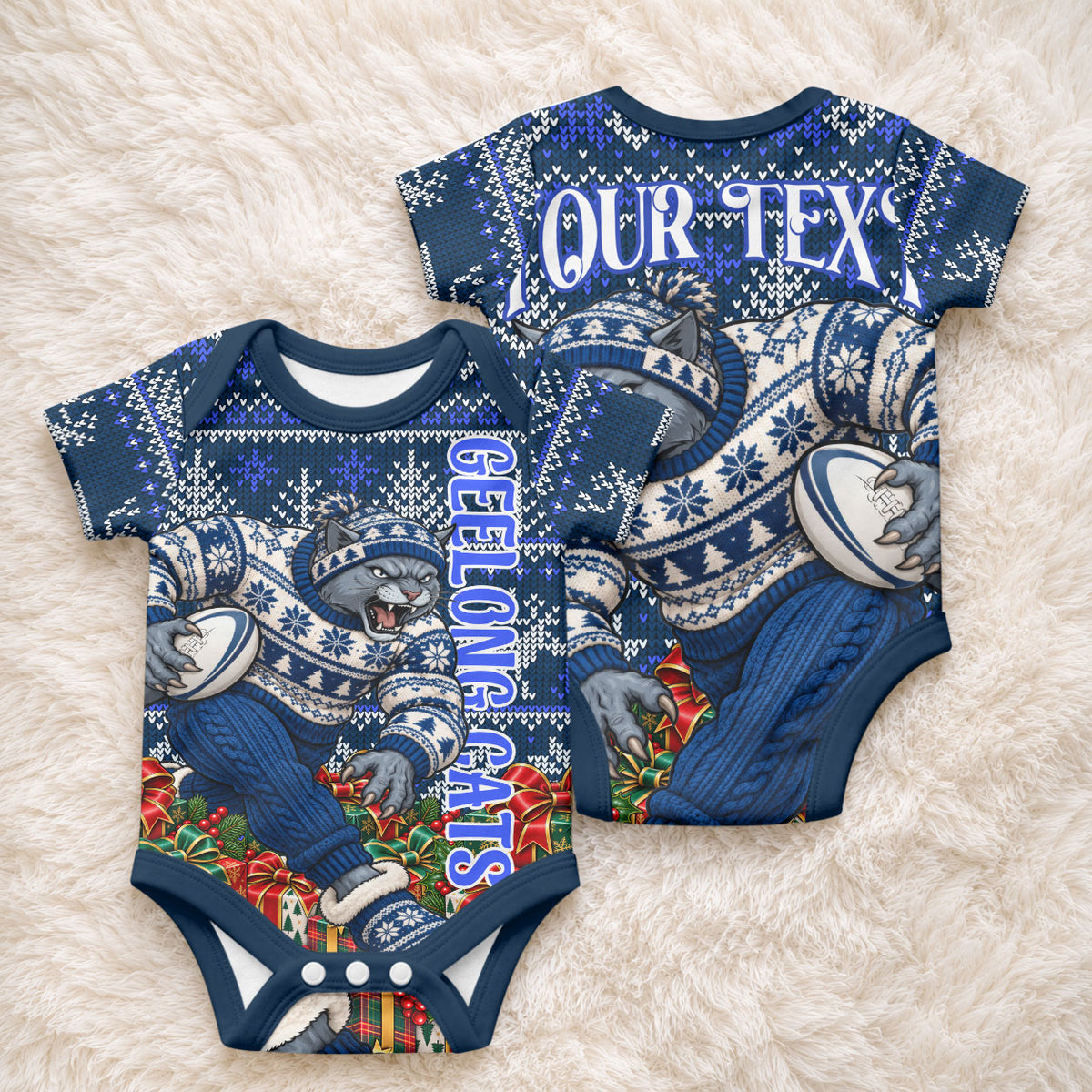 Personalized Geelong Cats Football Christmas Baby Onesie Australian Football Mascot - Ugly Xmas Pattern Festive