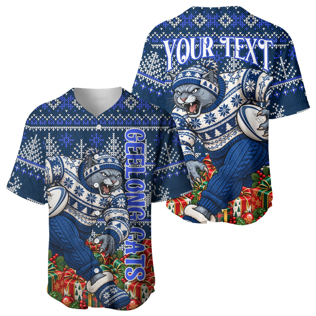 Personalized Geelong Cats Football Christmas Baseball Jersey Australian Football Mascot - Ugly Xmas Pattern Festive