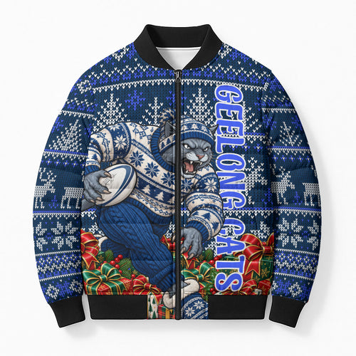 Personalized Geelong Cats Football Christmas Bomber Puffer Jacket Australian Football Mascot - Ugly Xmas Pattern Festive