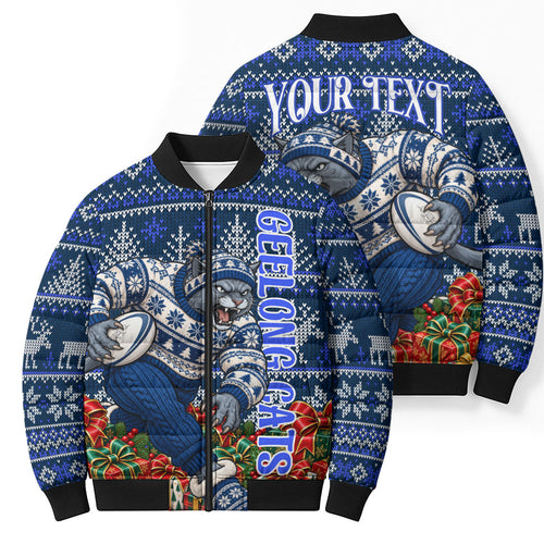 Personalized Geelong Cats Football Christmas Bomber Puffer Jacket Australian Football Mascot - Ugly Xmas Pattern Festive