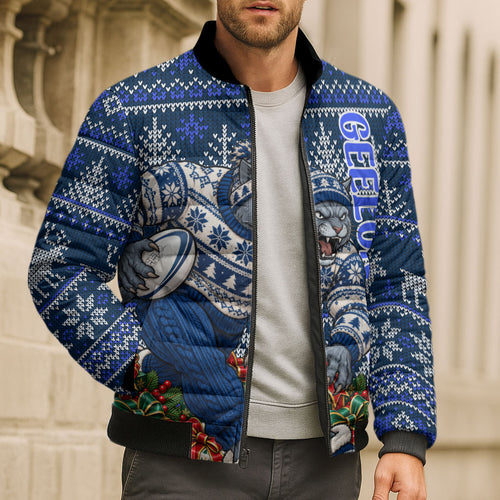 Personalized Geelong Cats Football Christmas Bomber Puffer Jacket Australian Football Mascot - Ugly Xmas Pattern Festive
