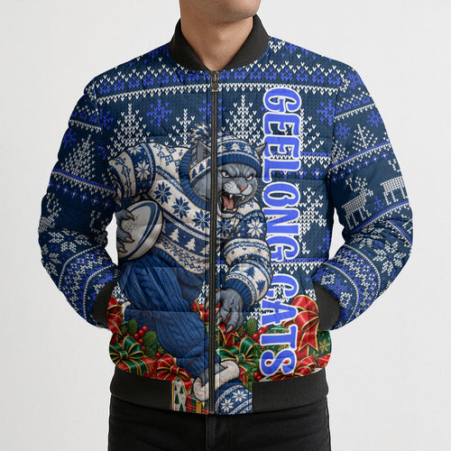 Personalized Geelong Cats Football Christmas Bomber Puffer Jacket Australian Football Mascot - Ugly Xmas Pattern Festive