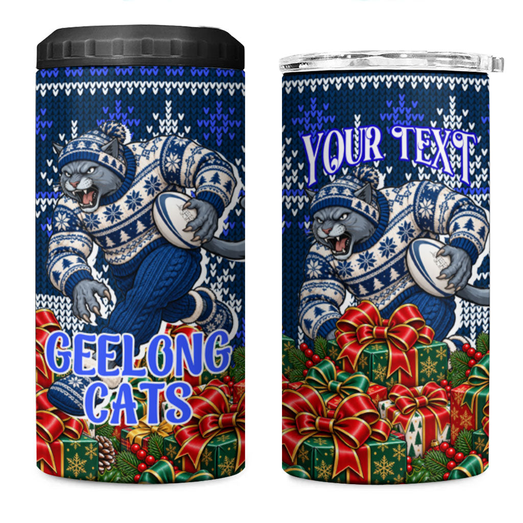 Personalized Geelong Cats Football Christmas 4 in 1 Can Cooler Tumbler Australian Football Mascot - Ugly Xmas Pattern Festive