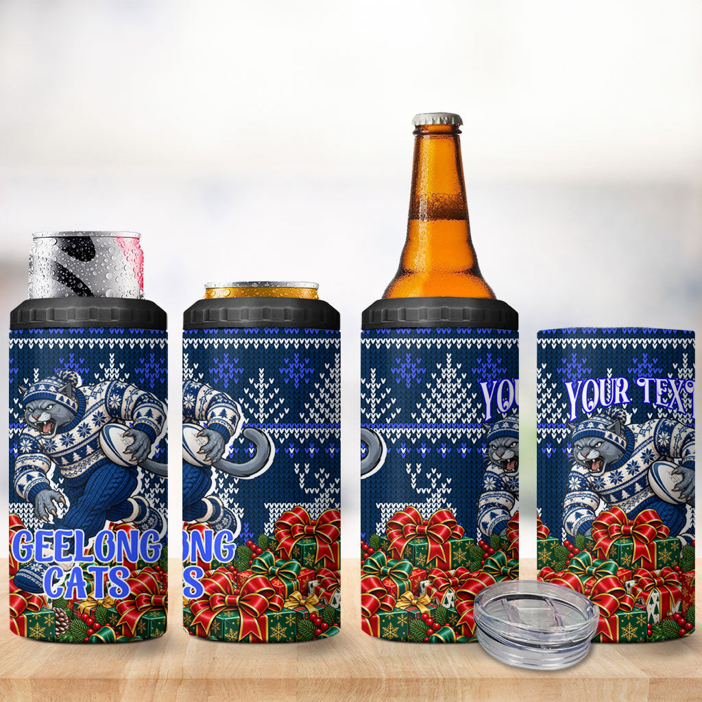 Personalized Geelong Cats Football Christmas 4 in 1 Can Cooler Tumbler Australian Football Mascot - Ugly Xmas Pattern Festive