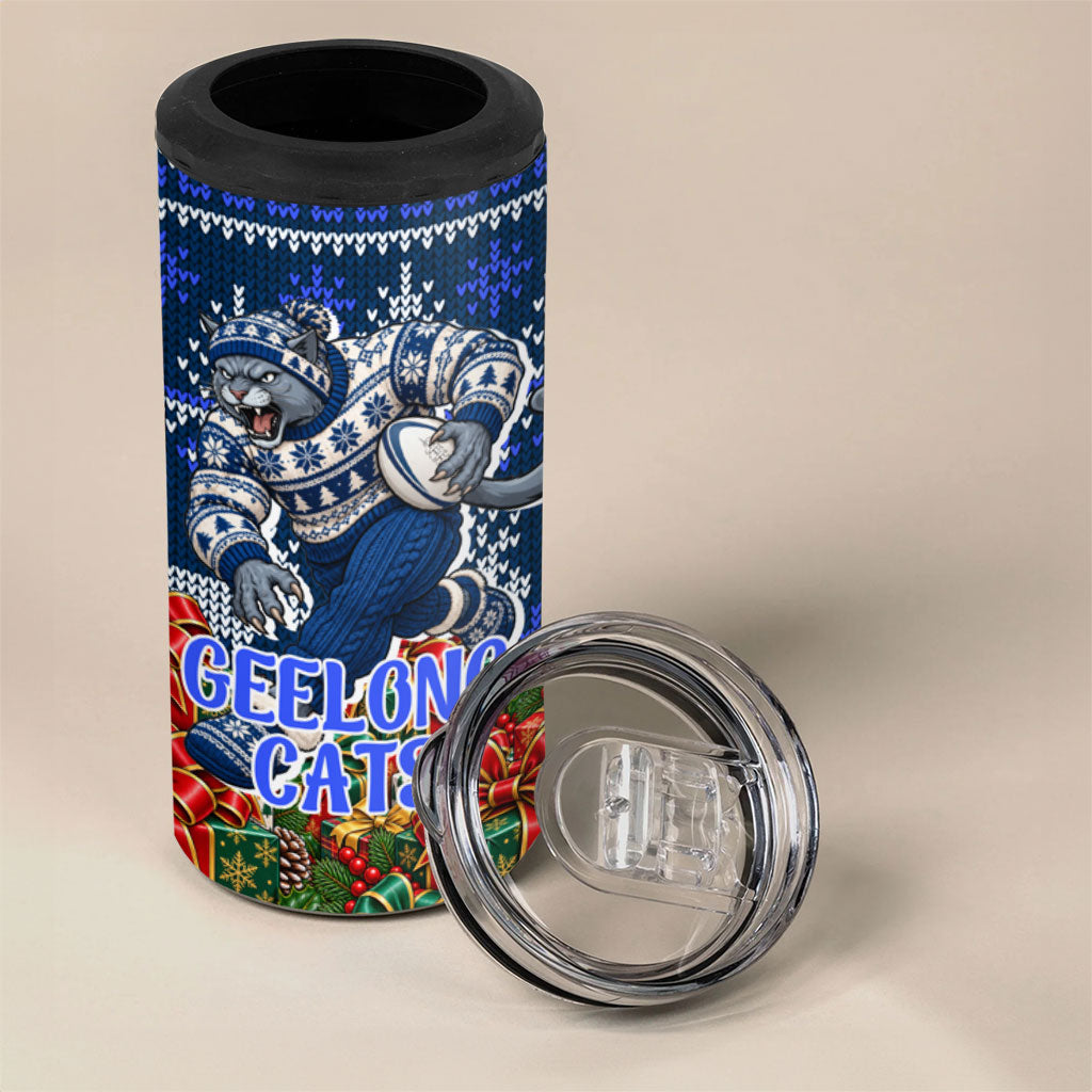 Personalized Geelong Cats Football Christmas 4 in 1 Can Cooler Tumbler Australian Football Mascot - Ugly Xmas Pattern Festive