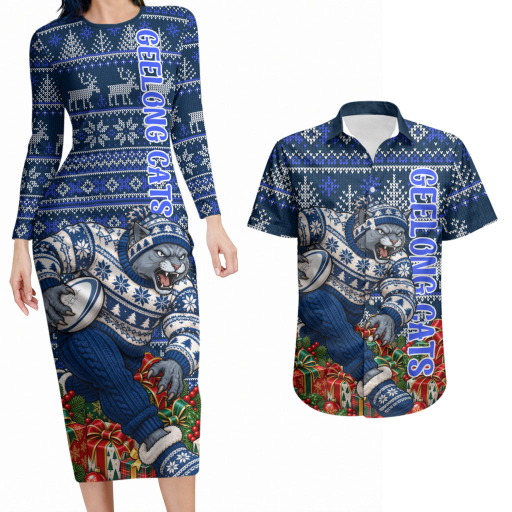 Personalized Geelong Cats Football Christmas Couples Matching Long Sleeve Bodycon Dress and Hawaiian Shirt Australian Football Mascot - Ugly Xmas Pattern Festive