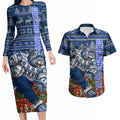 Personalized Geelong Cats Football Christmas Couples Matching Long Sleeve Bodycon Dress and Hawaiian Shirt Australian Football Mascot - Ugly Xmas Pattern Festive