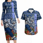 Personalized Geelong Cats Football Christmas Couples Matching Long Sleeve Bodycon Dress and Hawaiian Shirt Australian Football Mascot - Ugly Xmas Pattern Festive