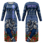 Personalized Geelong Cats Football Christmas Couples Matching Long Sleeve Bodycon Dress and Hawaiian Shirt Australian Football Mascot - Ugly Xmas Pattern Festive