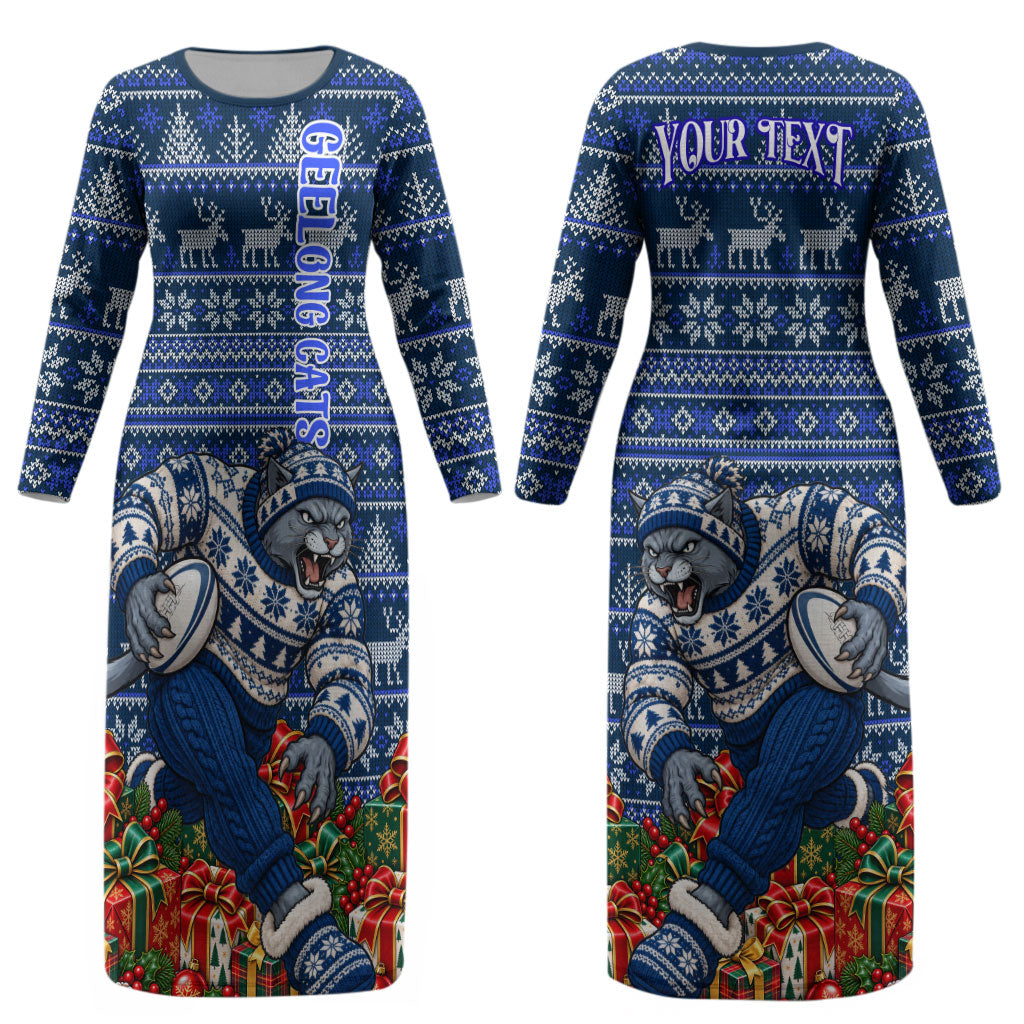 Personalized Geelong Cats Football Christmas Couples Matching Long Sleeve Bodycon Dress and Hawaiian Shirt Australian Football Mascot - Ugly Xmas Pattern Festive
