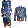 Personalized Geelong Cats Football Christmas Couples Matching Long Sleeve Bodycon Dress and Long Sleeve Button Shirt Australian Football Mascot - Ugly Xmas Pattern Festive