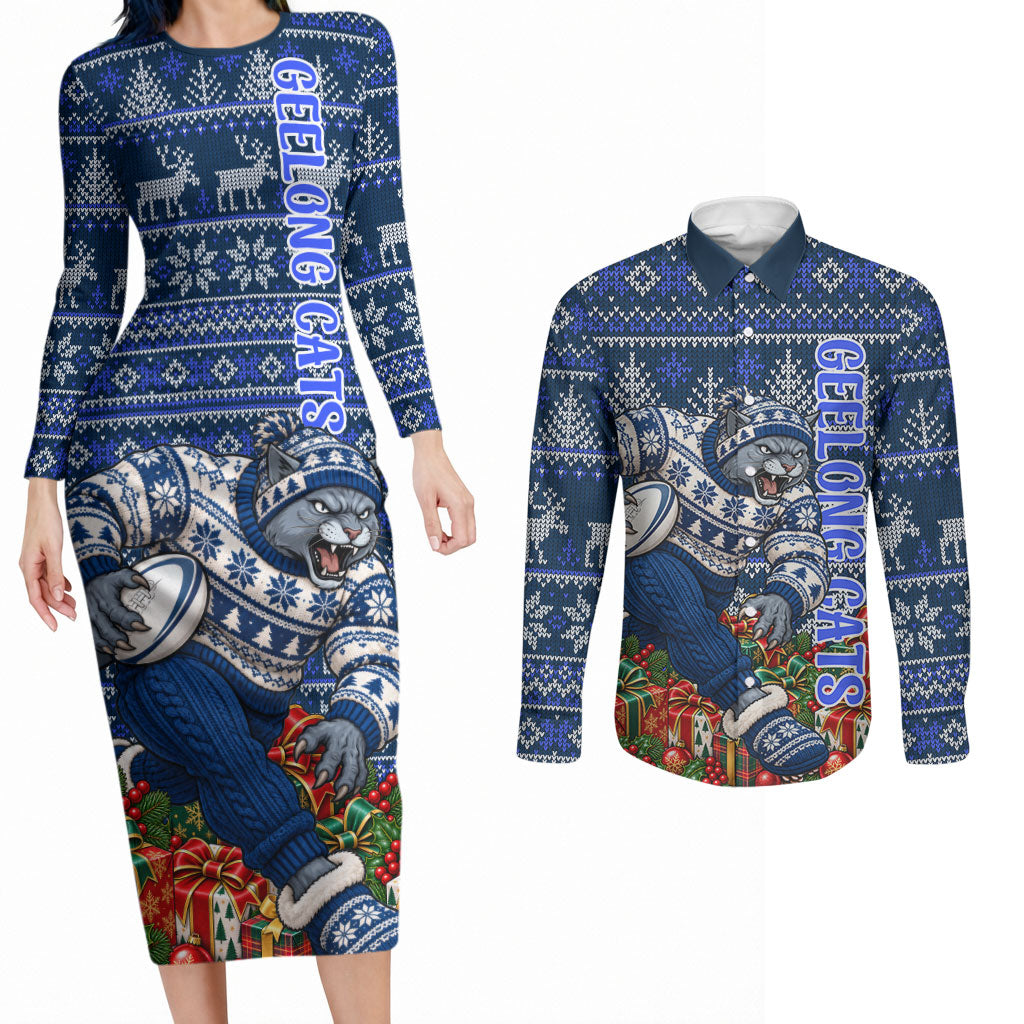 Personalized Geelong Cats Football Christmas Couples Matching Long Sleeve Bodycon Dress and Long Sleeve Button Shirt Australian Football Mascot - Ugly Xmas Pattern Festive