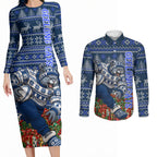 Personalized Geelong Cats Football Christmas Couples Matching Long Sleeve Bodycon Dress and Long Sleeve Button Shirt Australian Football Mascot - Ugly Xmas Pattern Festive