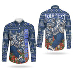 Personalized Geelong Cats Football Christmas Couples Matching Long Sleeve Bodycon Dress and Long Sleeve Button Shirt Australian Football Mascot - Ugly Xmas Pattern Festive