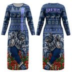 Personalized Geelong Cats Football Christmas Couples Matching Long Sleeve Bodycon Dress and Long Sleeve Button Shirt Australian Football Mascot - Ugly Xmas Pattern Festive