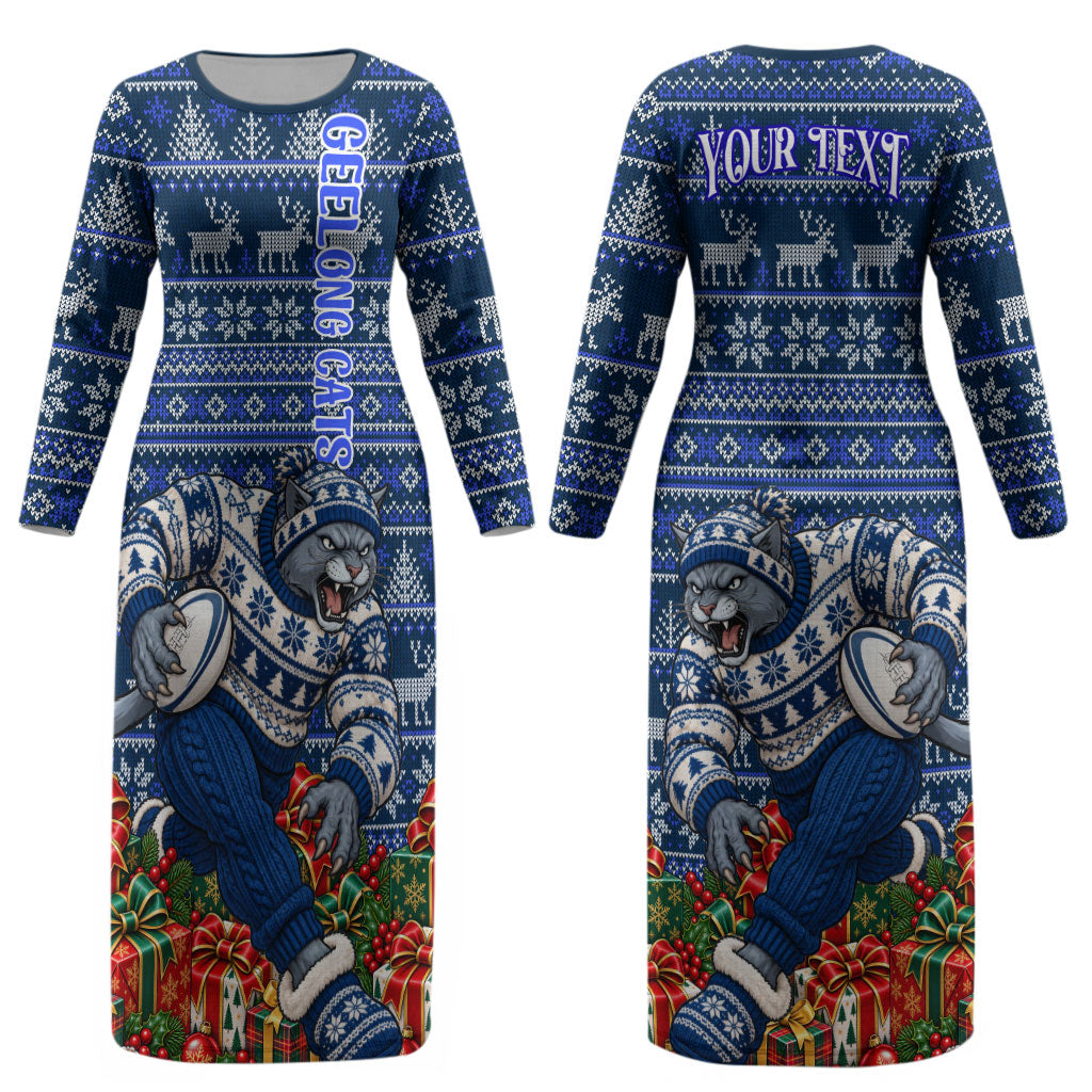 Personalized Geelong Cats Football Christmas Couples Matching Long Sleeve Bodycon Dress and Long Sleeve Button Shirt Australian Football Mascot - Ugly Xmas Pattern Festive