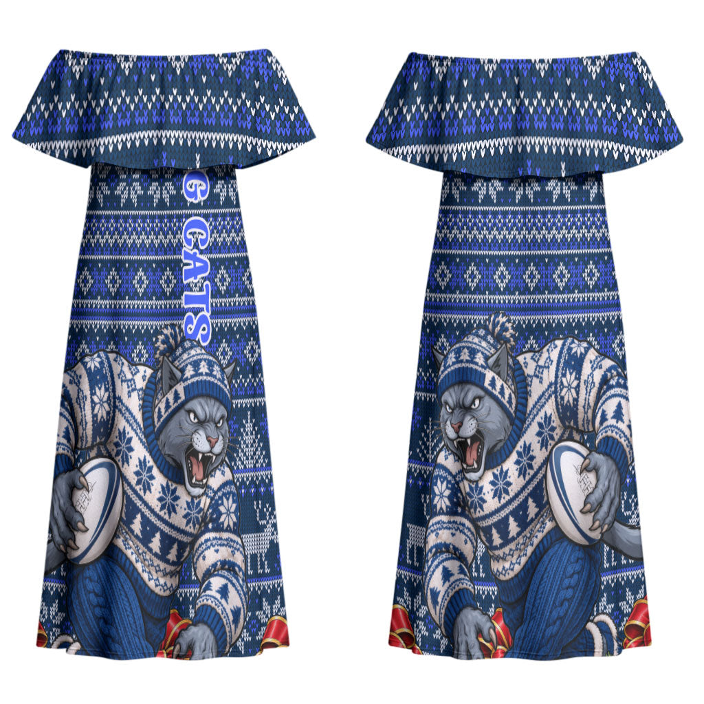 Personalized Geelong Cats Football Christmas Couples Matching Off Shoulder Maxi Dress and Hawaiian Shirt Australian Football Mascot - Ugly Xmas Pattern Festive