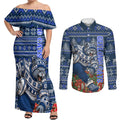 Personalized Geelong Cats Football Christmas Couples Matching Off Shoulder Maxi Dress and Long Sleeve Button Shirt Australian Football Mascot - Ugly Xmas Pattern Festive