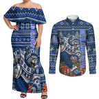 Personalized Geelong Cats Football Christmas Couples Matching Off Shoulder Maxi Dress and Long Sleeve Button Shirt Australian Football Mascot - Ugly Xmas Pattern Festive