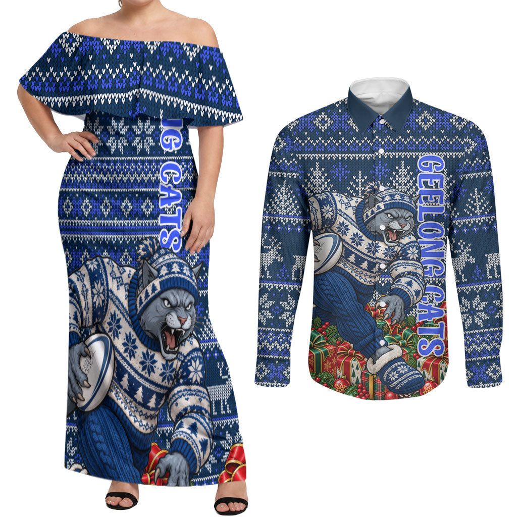 Personalized Geelong Cats Football Christmas Couples Matching Off Shoulder Maxi Dress and Long Sleeve Button Shirt Australian Football Mascot - Ugly Xmas Pattern Festive