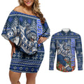 Personalized Geelong Cats Football Christmas Couples Matching Off Shoulder Short Dress and Long Sleeve Button Shirt Australian Football Mascot - Ugly Xmas Pattern Festive