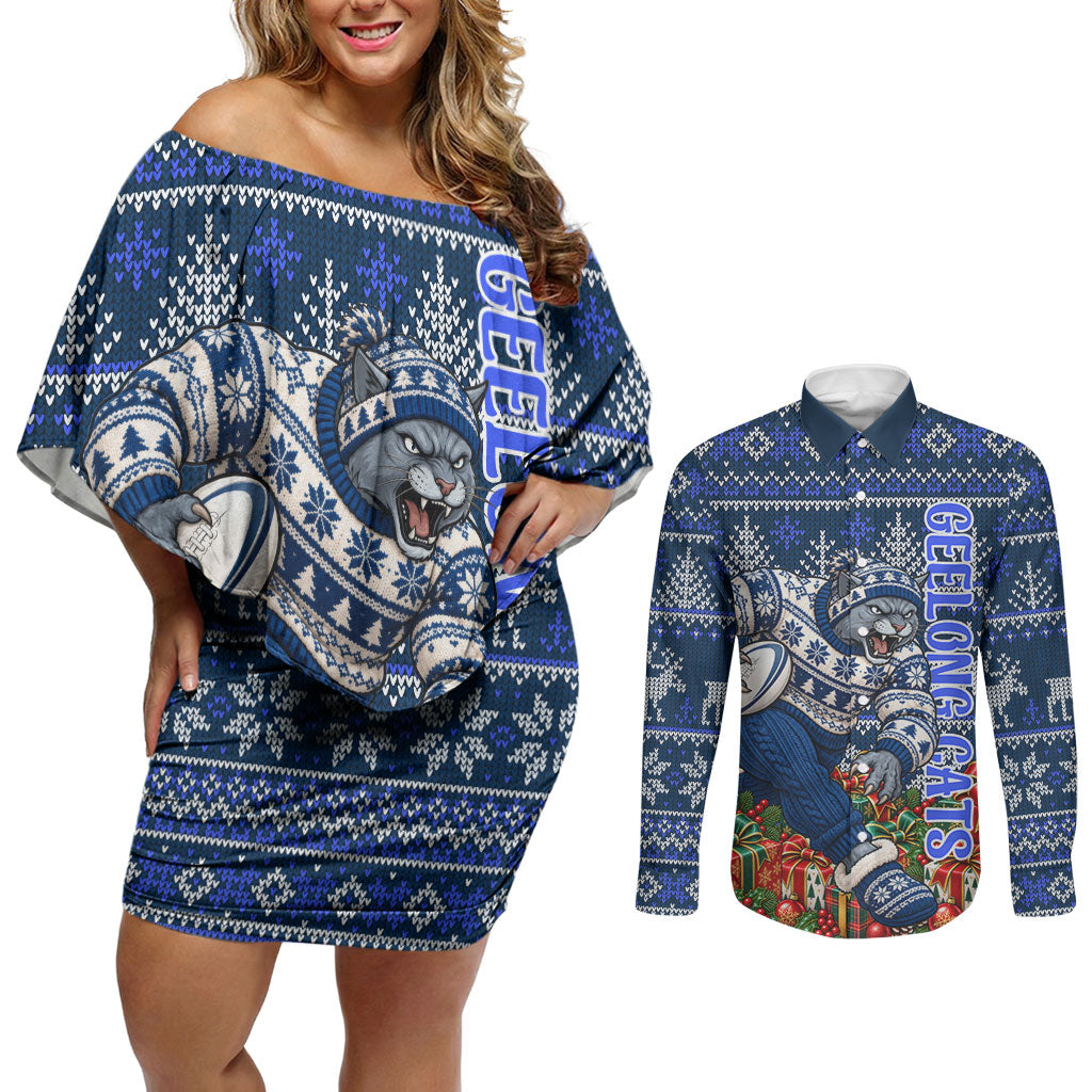Personalized Geelong Cats Football Christmas Couples Matching Off Shoulder Short Dress and Long Sleeve Button Shirt Australian Football Mascot - Ugly Xmas Pattern Festive