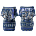 Personalized Geelong Cats Football Christmas Couples Matching Off Shoulder Short Dress and Long Sleeve Button Shirt Australian Football Mascot - Ugly Xmas Pattern Festive