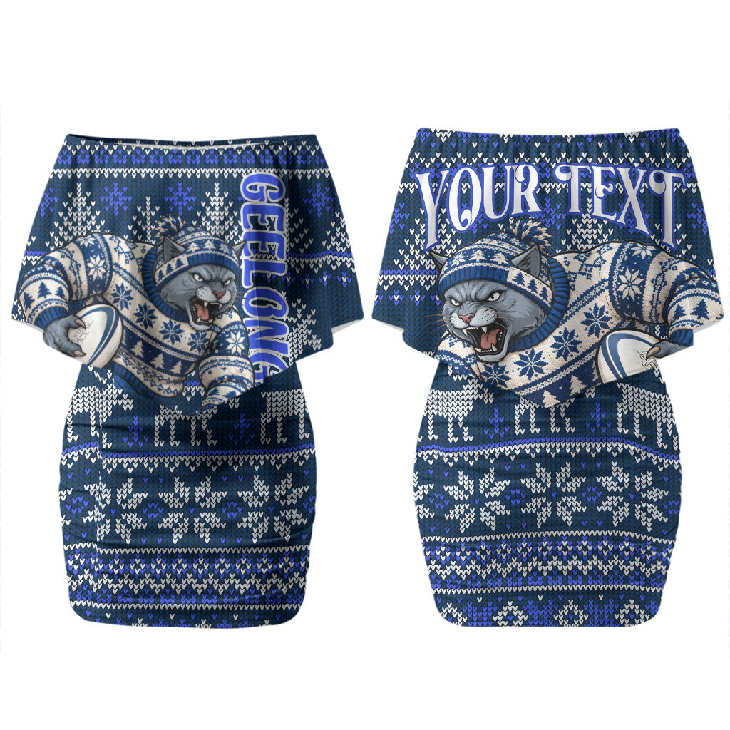 Personalized Geelong Cats Football Christmas Couples Matching Off Shoulder Short Dress and Long Sleeve Button Shirt Australian Football Mascot - Ugly Xmas Pattern Festive