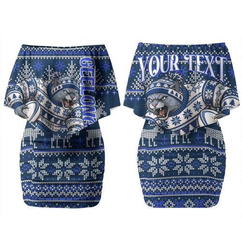 Personalized Geelong Cats Football Christmas Couples Matching Off Shoulder Short Dress and Long Sleeve Button Shirt Australian Football Mascot - Ugly Xmas Pattern Festive