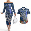 Personalized Geelong Cats Football Christmas Couples Matching Off The Shoulder Long Sleeve Dress and Hawaiian Shirt Australian Football Mascot - Ugly Xmas Pattern Festive