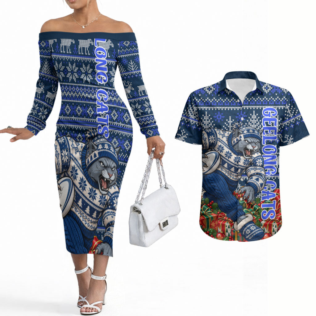 Personalized Geelong Cats Football Christmas Couples Matching Off The Shoulder Long Sleeve Dress and Hawaiian Shirt Australian Football Mascot - Ugly Xmas Pattern Festive