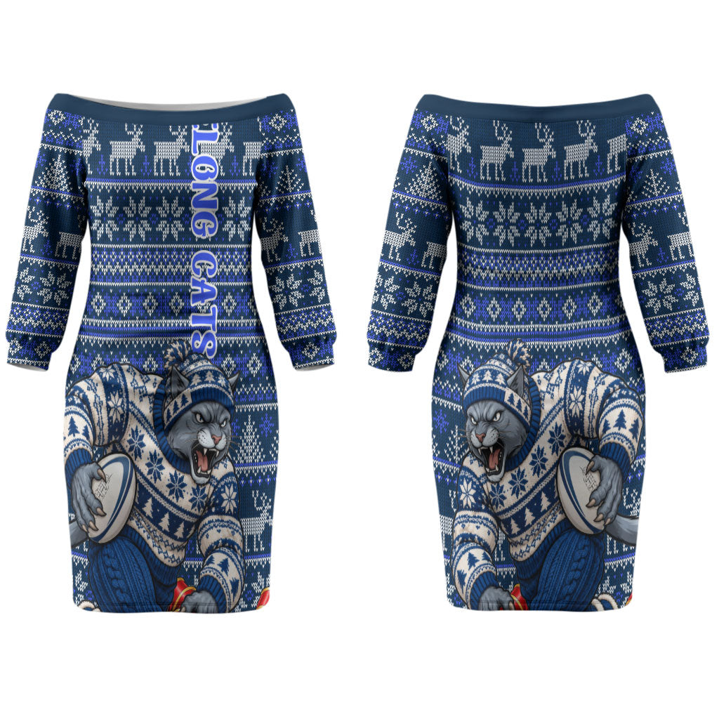 Personalized Geelong Cats Football Christmas Couples Matching Off The Shoulder Long Sleeve Dress and Hawaiian Shirt Australian Football Mascot - Ugly Xmas Pattern Festive