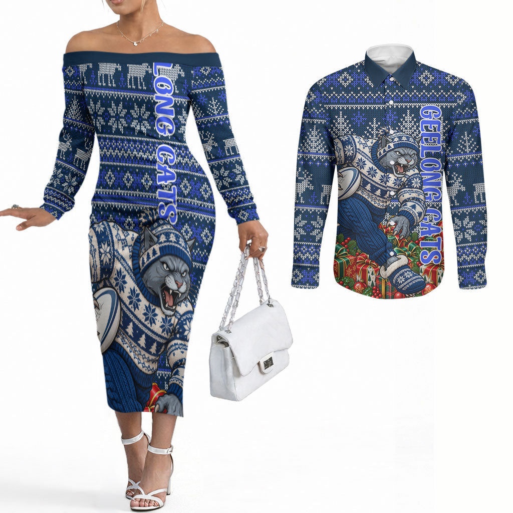 Personalized Geelong Cats Football Christmas Couples Matching Off The Shoulder Long Sleeve Dress and Long Sleeve Button Shirt Australian Football Mascot - Ugly Xmas Pattern Festive