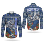 Personalized Geelong Cats Football Christmas Couples Matching Off The Shoulder Long Sleeve Dress and Long Sleeve Button Shirt Australian Football Mascot - Ugly Xmas Pattern Festive