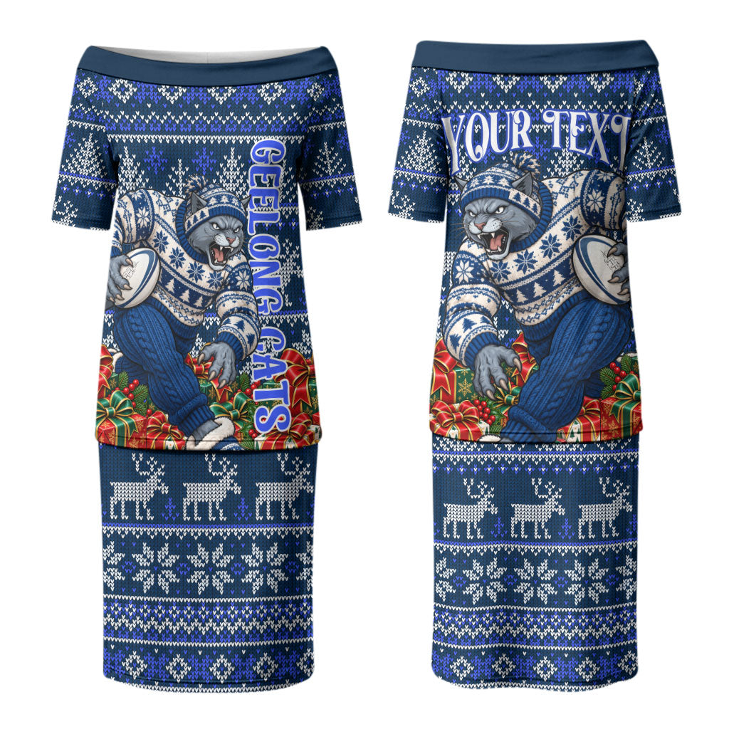 Personalized Geelong Cats Football Christmas Couples Matching Puletasi and Hawaiian Shirt Australian Football Mascot - Ugly Xmas Pattern Festive