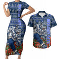 Personalized Geelong Cats Football Christmas Couples Matching Short Sleeve Bodycon Dress and Hawaiian Shirt Australian Football Mascot - Ugly Xmas Pattern Festive