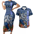 Personalized Geelong Cats Football Christmas Couples Matching Short Sleeve Bodycon Dress and Hawaiian Shirt Australian Football Mascot - Ugly Xmas Pattern Festive