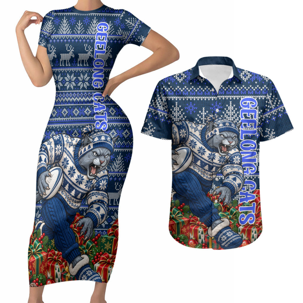 Personalized Geelong Cats Football Christmas Couples Matching Short Sleeve Bodycon Dress and Hawaiian Shirt Australian Football Mascot - Ugly Xmas Pattern Festive