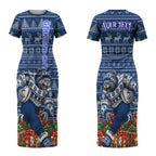 Personalized Geelong Cats Football Christmas Couples Matching Short Sleeve Bodycon Dress and Hawaiian Shirt Australian Football Mascot - Ugly Xmas Pattern Festive
