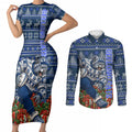 Personalized Geelong Cats Football Christmas Couples Matching Short Sleeve Bodycon Dress and Long Sleeve Button Shirt Australian Football Mascot - Ugly Xmas Pattern Festive