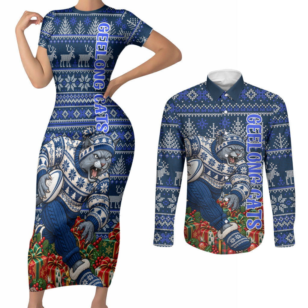 Personalized Geelong Cats Football Christmas Couples Matching Short Sleeve Bodycon Dress and Long Sleeve Button Shirt Australian Football Mascot - Ugly Xmas Pattern Festive