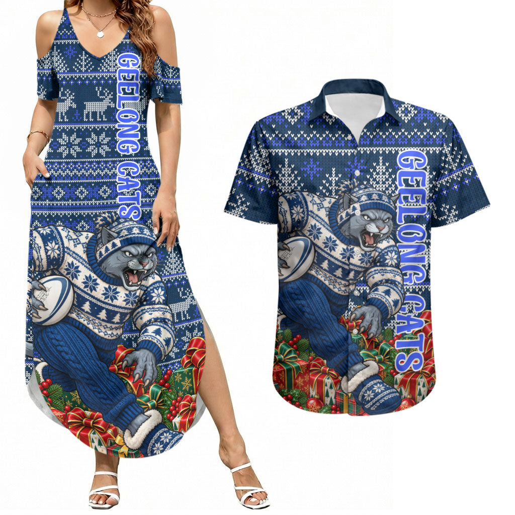 Personalized Geelong Cats Football Christmas Couples Matching Summer Maxi Dress and Hawaiian Shirt Australian Football Mascot - Ugly Xmas Pattern Festive